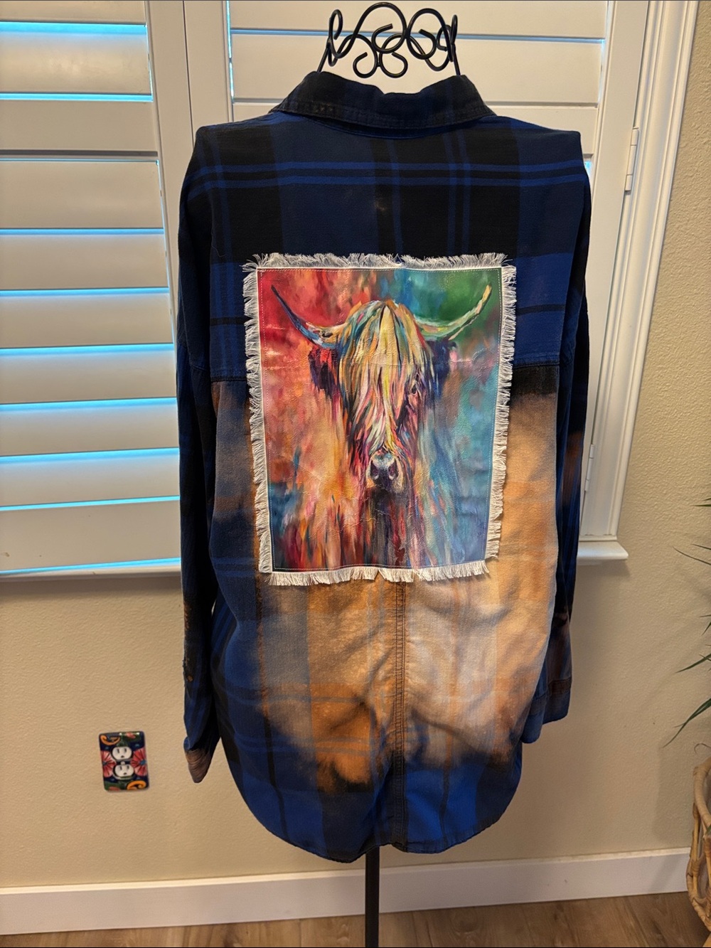 Handmade one of a kind distressed Plaid Frayed Highland Cow-Back Button Shirt